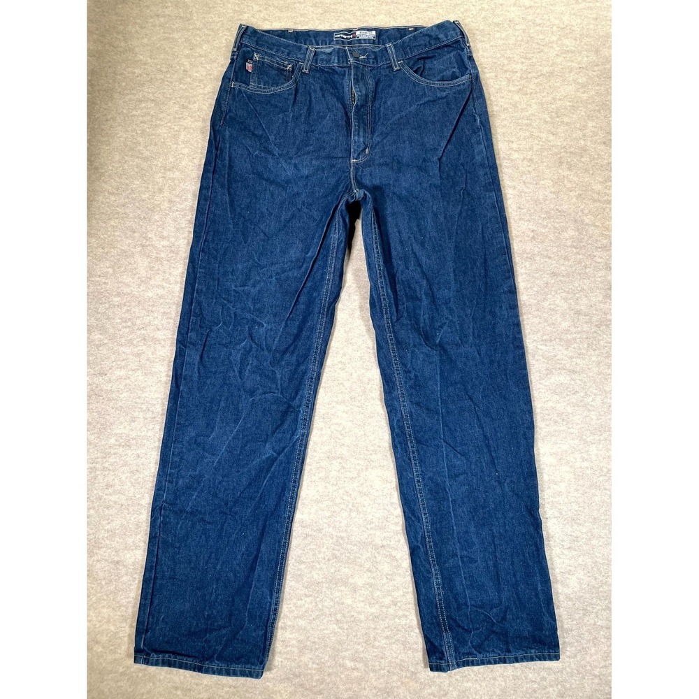 Carhartt Relaxed‎ Fit Jeans Men 38x34 Blue Denim Cotton Straight Flame Resistant